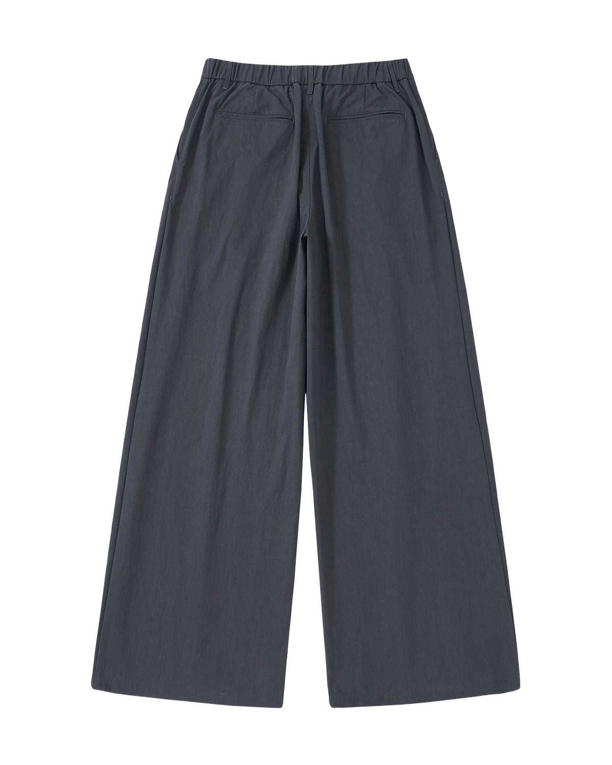 Sundae School CHARCOAL PLEATED UNIFORM SLACKS: wide-leg, high-waisted charcoal trousers with pleats and button closure, displayed flat on a light gray background.