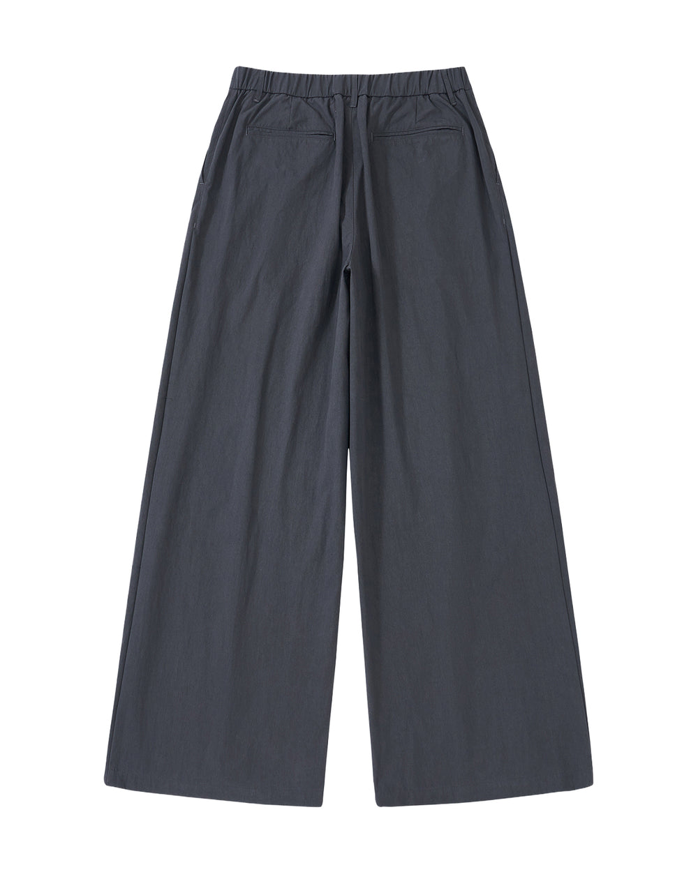 Sundae School CHARCOAL PLEATED UNIFORM SLACKS: wide-leg, high-waisted charcoal trousers with pleats and button closure, displayed flat on a light gray background.