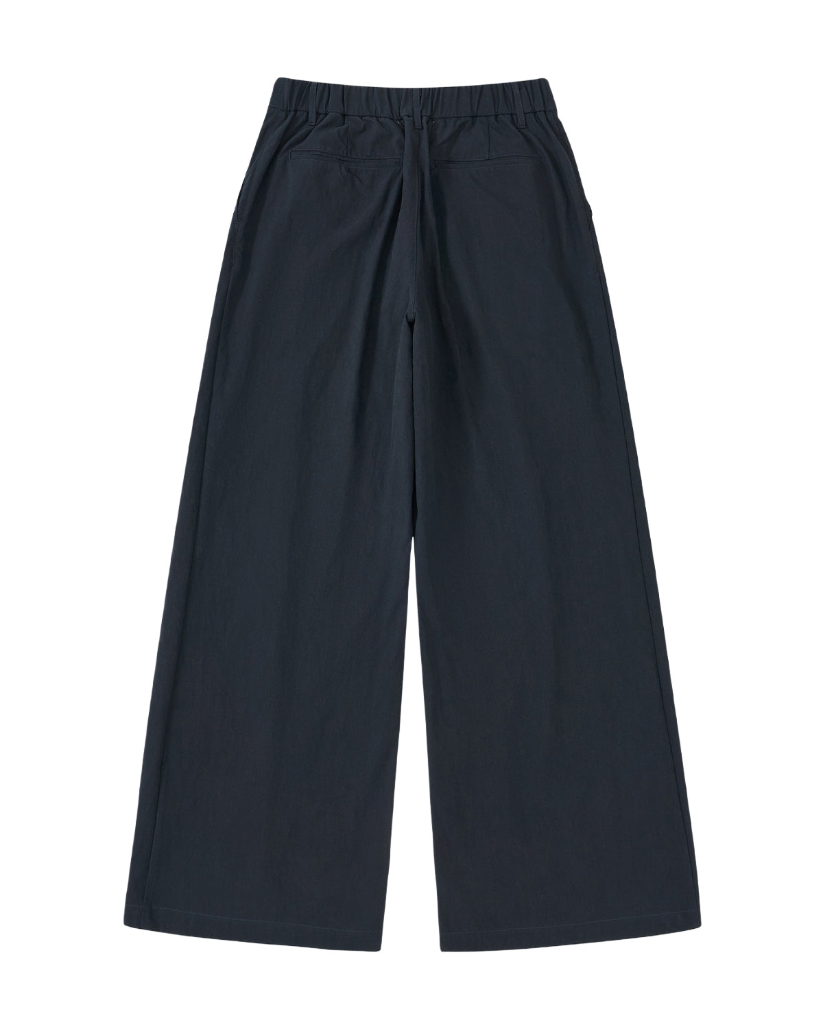Sundae School NAVY PLEATED UNIFORM SLACKS feature a wide-leg fit, elastic waistband, and side pockets. Shown flat on a white background in back view, these slacks give a modern update to classic Korean gyobok style.