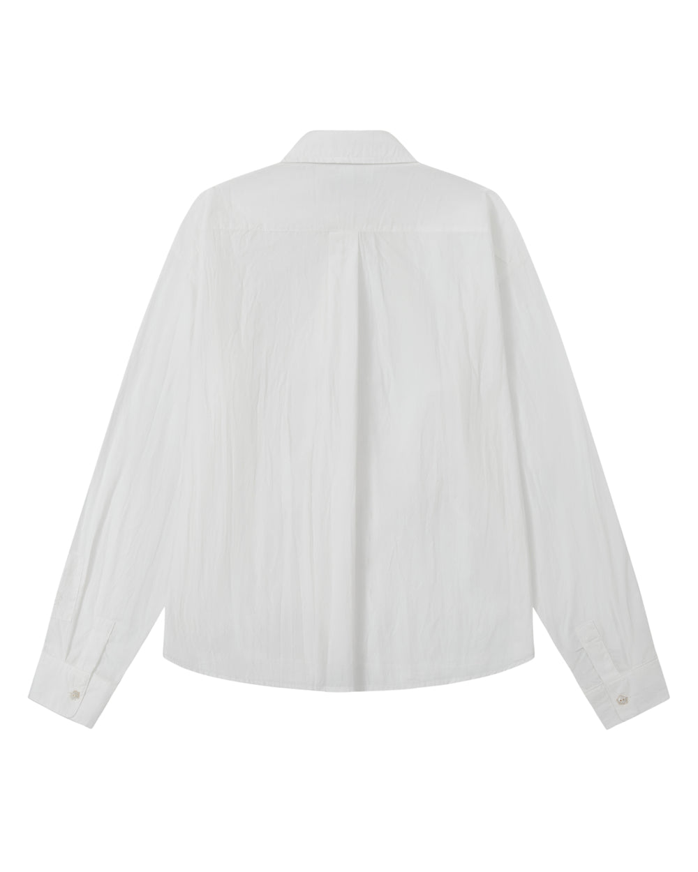 Back view of the Sundae School WHITE POPLIN TIE GORUM SHIRT, a white cotton-nylon poplin piece with a collar, visible pleats, and buttoned cuffs. Designed with a unisex tailored fit, the shirt is laid flat on a plain white background.