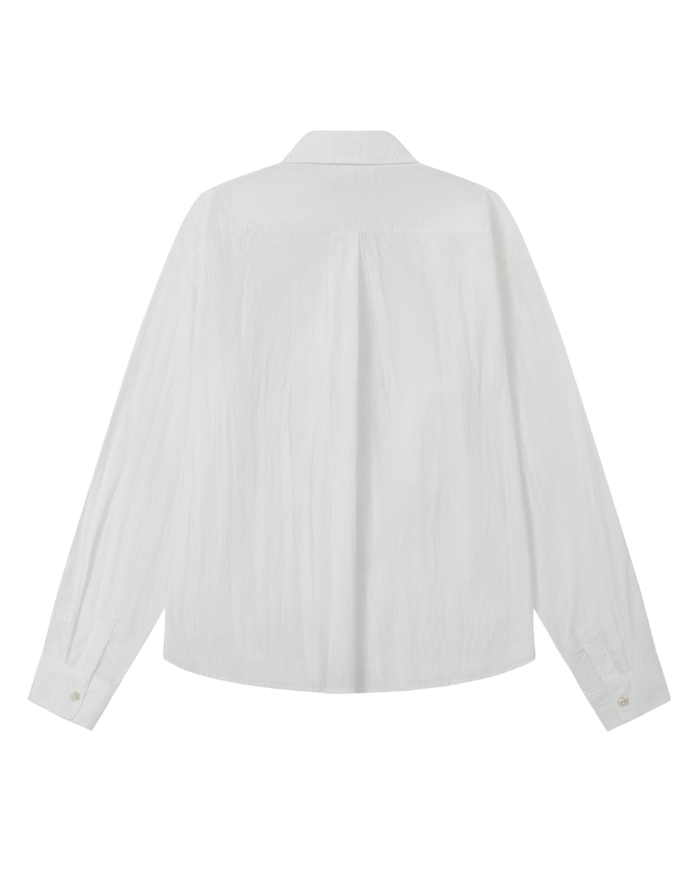 A back flat-lay view of an off-white long-sleeve shirt set against a plain white background, highlighting a shoulder yoke seam, a box pleat running down the center back, and long sleeves with buttoned cuffs.