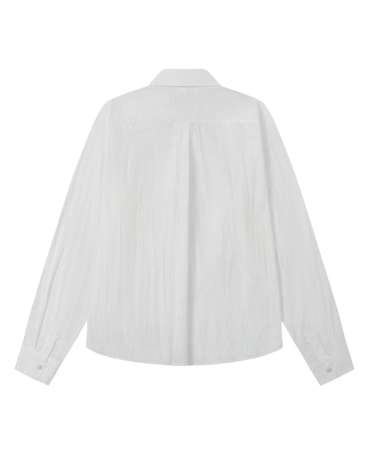 A back flat-lay view of an off-white long-sleeve shirt set against a plain white background, highlighting a shoulder yoke seam, a box pleat running down the center back, and long sleeves with buttoned cuffs.