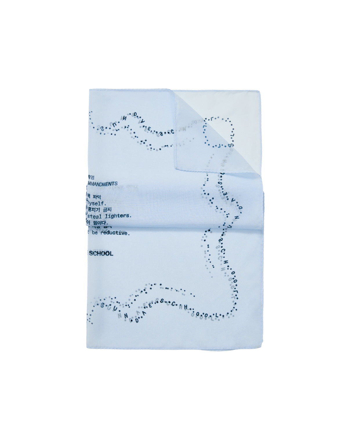 Introducing the SKY BLUE 10 COMMANDMENTS ORGANZA BANDANA by Sundae School—a light blue silk organza bandana featuring scattered black text and dotted lines forming abstract shapes. Portions of the visible text showcase random words and phrases inspired by the Sundae School Ten Commandments.