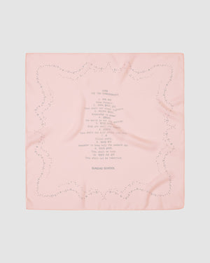 The BABY PINK 10 COMMANDMENTS ORGANZA BANDANA by Sundae School is a pale pink silk bandana with a dotted border, Ten Commandments print at the center, and "SUNDAE SCHOOL" beneath it on a light gray background.