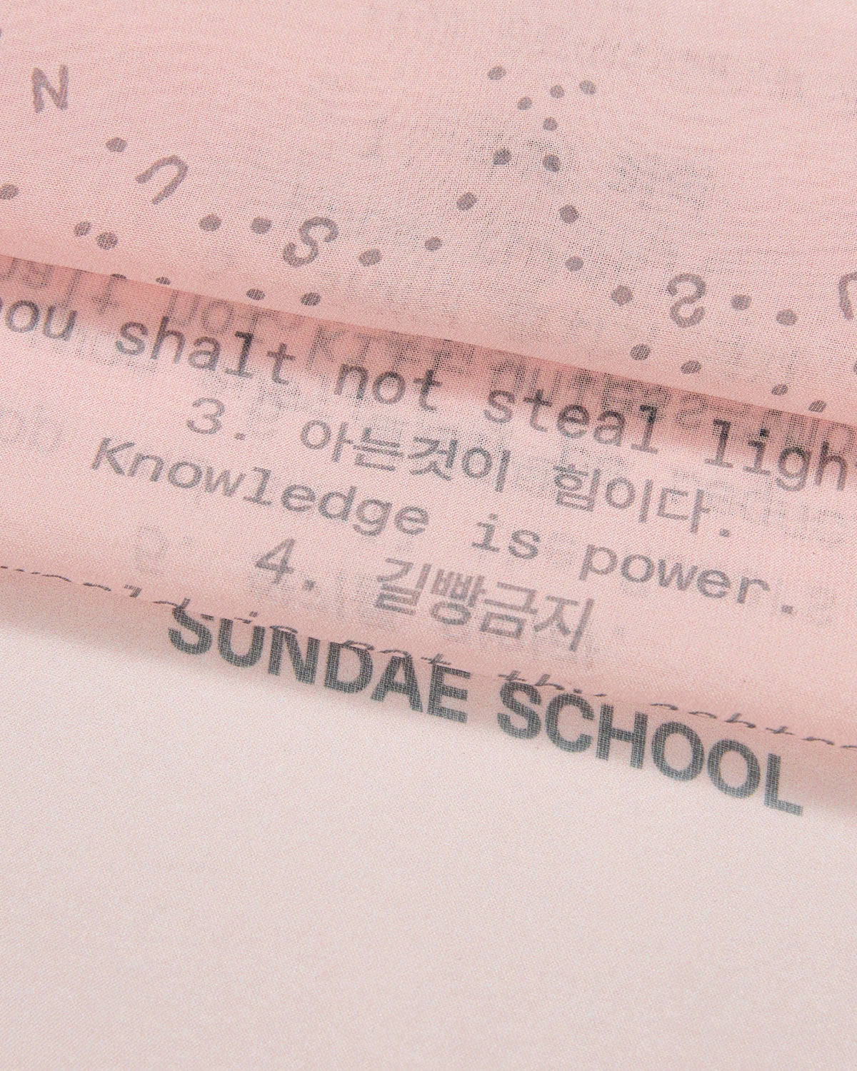 The BABY PINK 10 COMMANDMENTS ORGANZA BANDANA by Sundae School is a sheer pink silk bandana featuring English and Korean printed text, including phrases like 