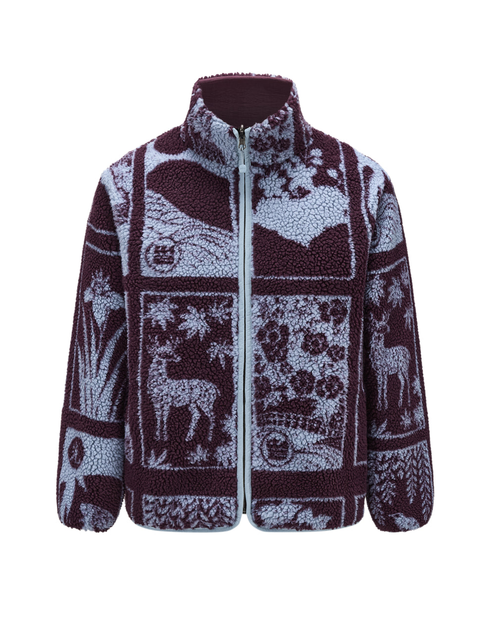 Introducing the PLUM REVERSIBLE GOSTOP FLEECE by Sundae School—a cozy reversible sherpa fleece zip-up jacket with a stand collar. This design showcases a purple and light blue nature-themed patchwork pattern featuring deer and trees, capturing outdoor inspiration in true hwatu style.