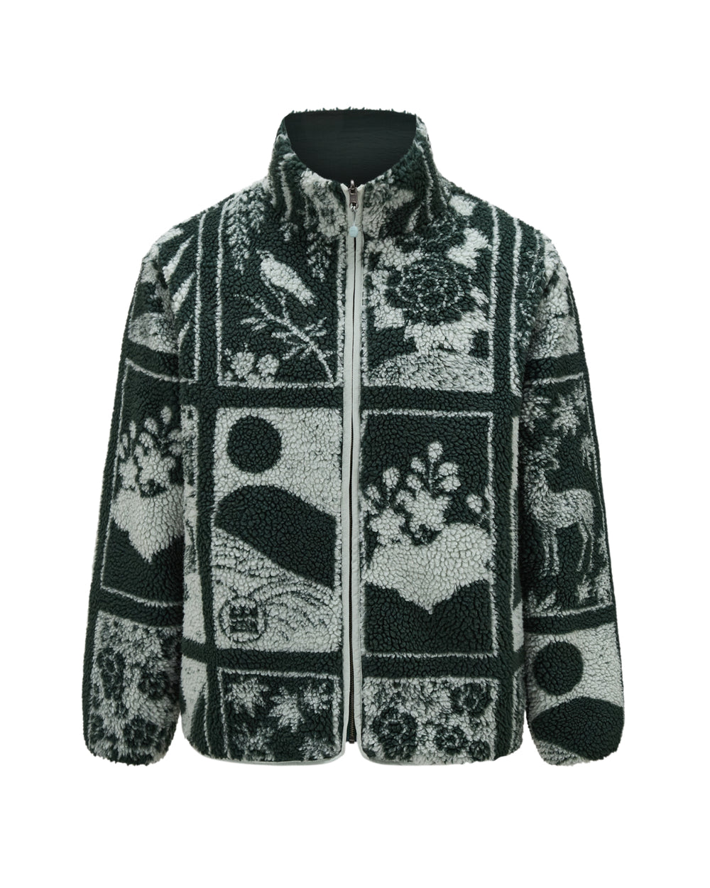 Introducing the TEAL REVERSIBLE GOSTOP FLEECE by Sundae School—a stand collar zip-up fleece jacket showcasing a vibrant green and white pattern with birds, flowers, geometric shapes, and deer arranged in square panels. Inspired by the hwatu jacket style, this piece fuses playful motifs with cozy comfort for standout everyday wear.