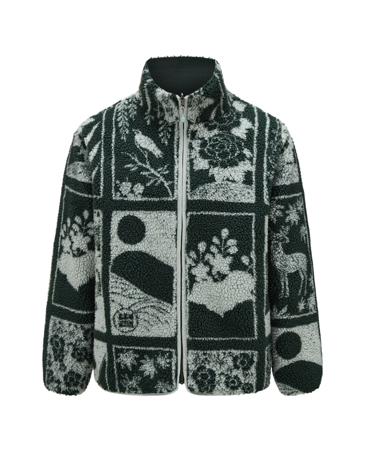 Introducing the TEAL REVERSIBLE GOSTOP FLEECE by Sundae School—a stand collar zip-up fleece jacket showcasing a vibrant green and white pattern with birds, flowers, geometric shapes, and deer arranged in square panels. Inspired by the hwatu jacket style, this piece fuses playful motifs with cozy comfort for standout everyday wear.