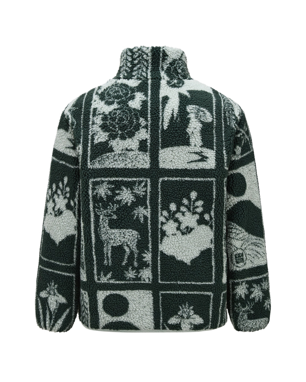 Introducing the TEAL REVERSIBLE GOSTOP FLEECE by Sundae School—a unique reversible sherpa fleece jacket featuring a patchwork design inspired by nature, with motifs such as deer, trees, flowers, and people in dark green and white hues. This stylish hwatu jacket is finished with a stand collar zip-up for extra warmth and flair.