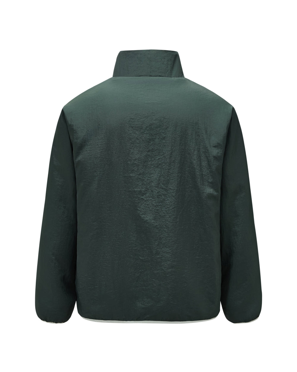 Back view of the Sundae School TEAL REVERSIBLE GOSTOP FLEECE, featuring a dark green hue, long sleeves, high stand collar zip-up design, and a relaxed fit with smooth, slightly shiny fabric. The jacket has no visible logos, patterns, or extra details.