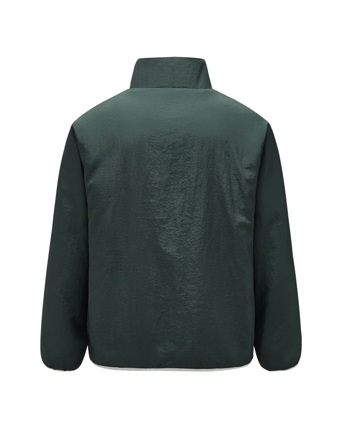 Back view of the Sundae School TEAL REVERSIBLE GOSTOP FLEECE, featuring a dark green hue, long sleeves, high stand collar zip-up design, and a relaxed fit with smooth, slightly shiny fabric. The jacket has no visible logos, patterns, or extra details.