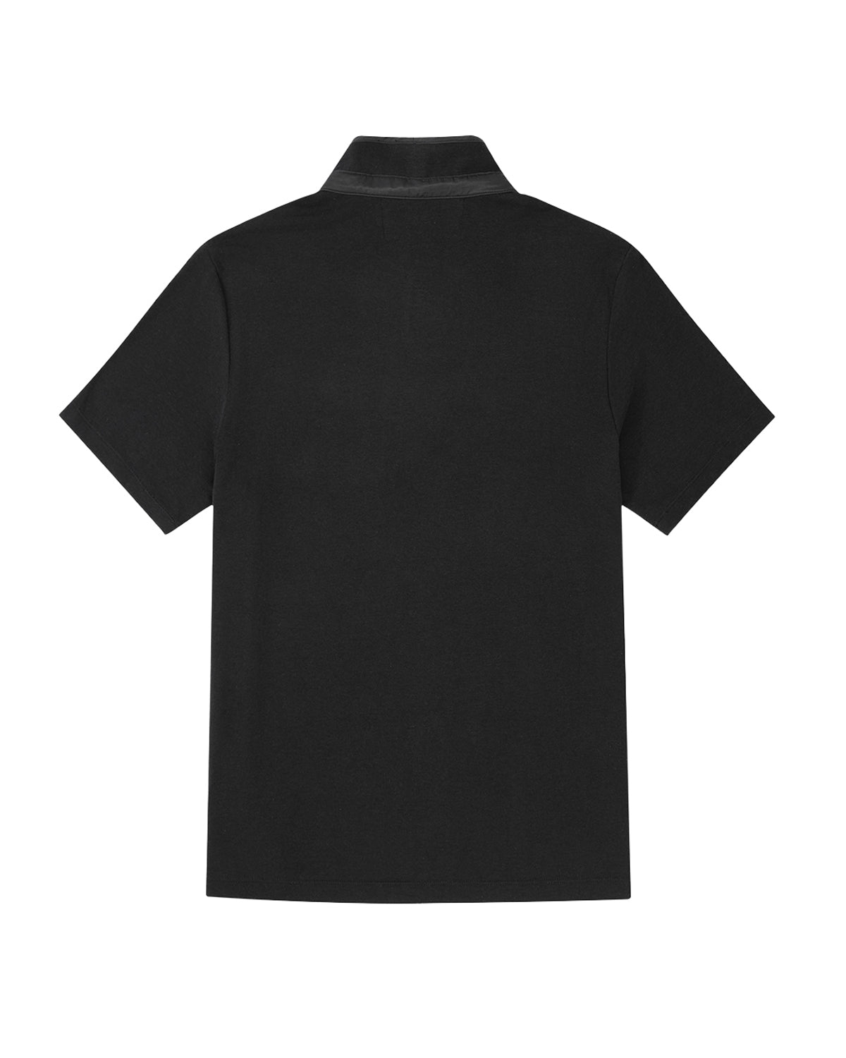 Back view of the Sundae School BLACK RIBBON TIE POLO, a plain black short-sleeve shirt with a Manchurian teardrop collar, laid flat against a white background.