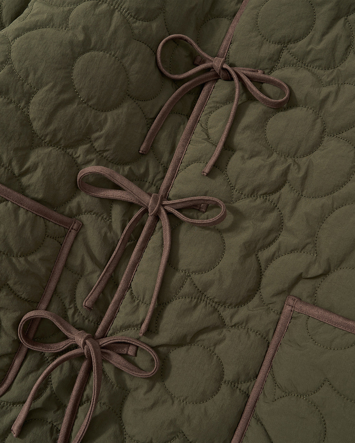 Detail view of brown tie closures running down the front of the olive green quilted Reversible Flower Quilted Jeogori Fleece with circular flower pattern.