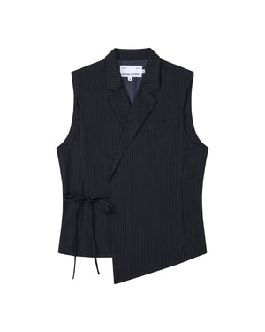 The SABRINA VEST by Sundae School is a sleeveless black pinstripe rayon blend vest featuring an asymmetric hem, side Korean goreum tie, lapel collar, and a single chest pocket, shown on a white background.