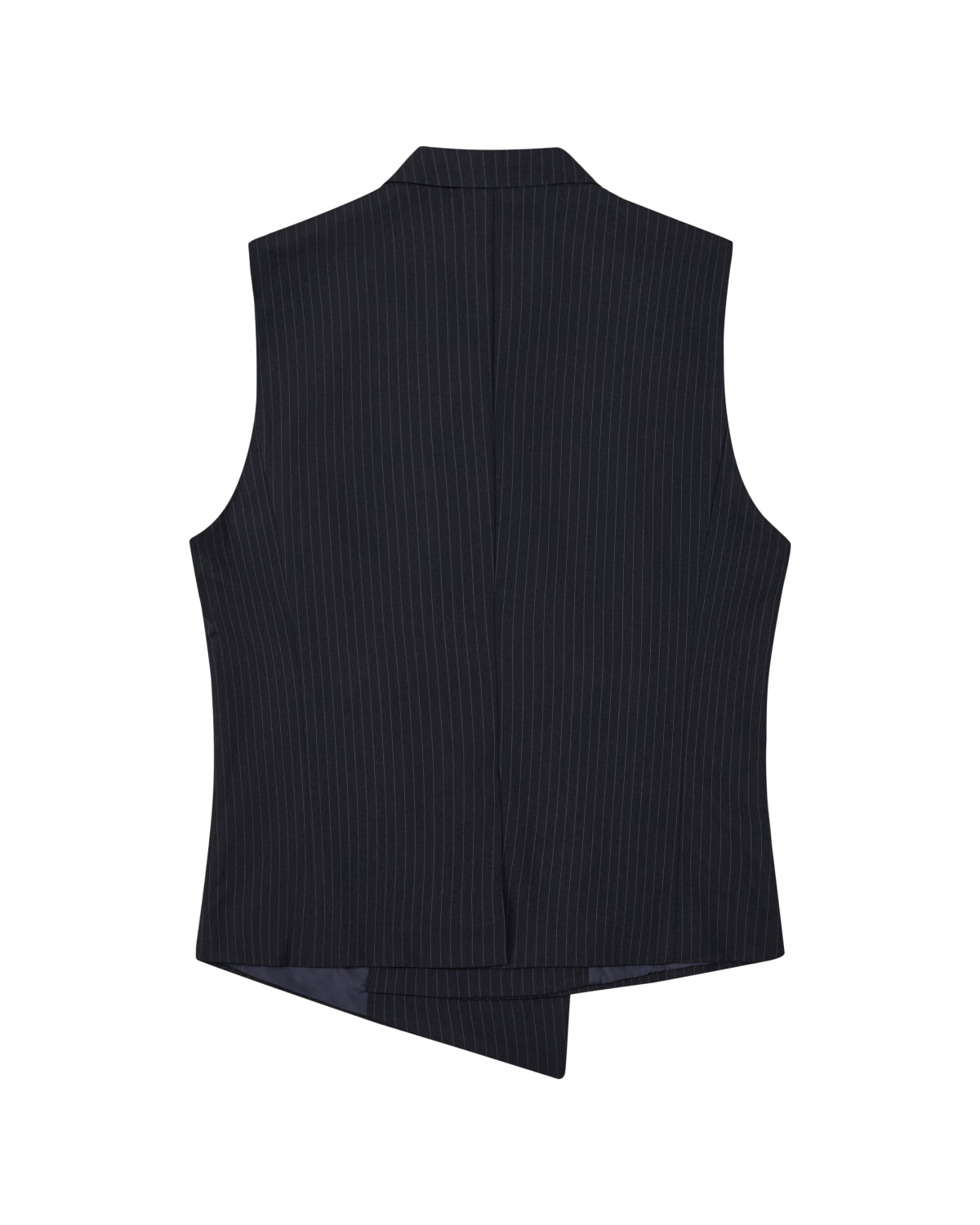 The SABRINA VEST by Sundae School is displayed from the back against a white background, showcasing its black pinstripe rayon blend fabric, pointed asymmetrical hem, and a clean design with no visible buttons or fastenings.