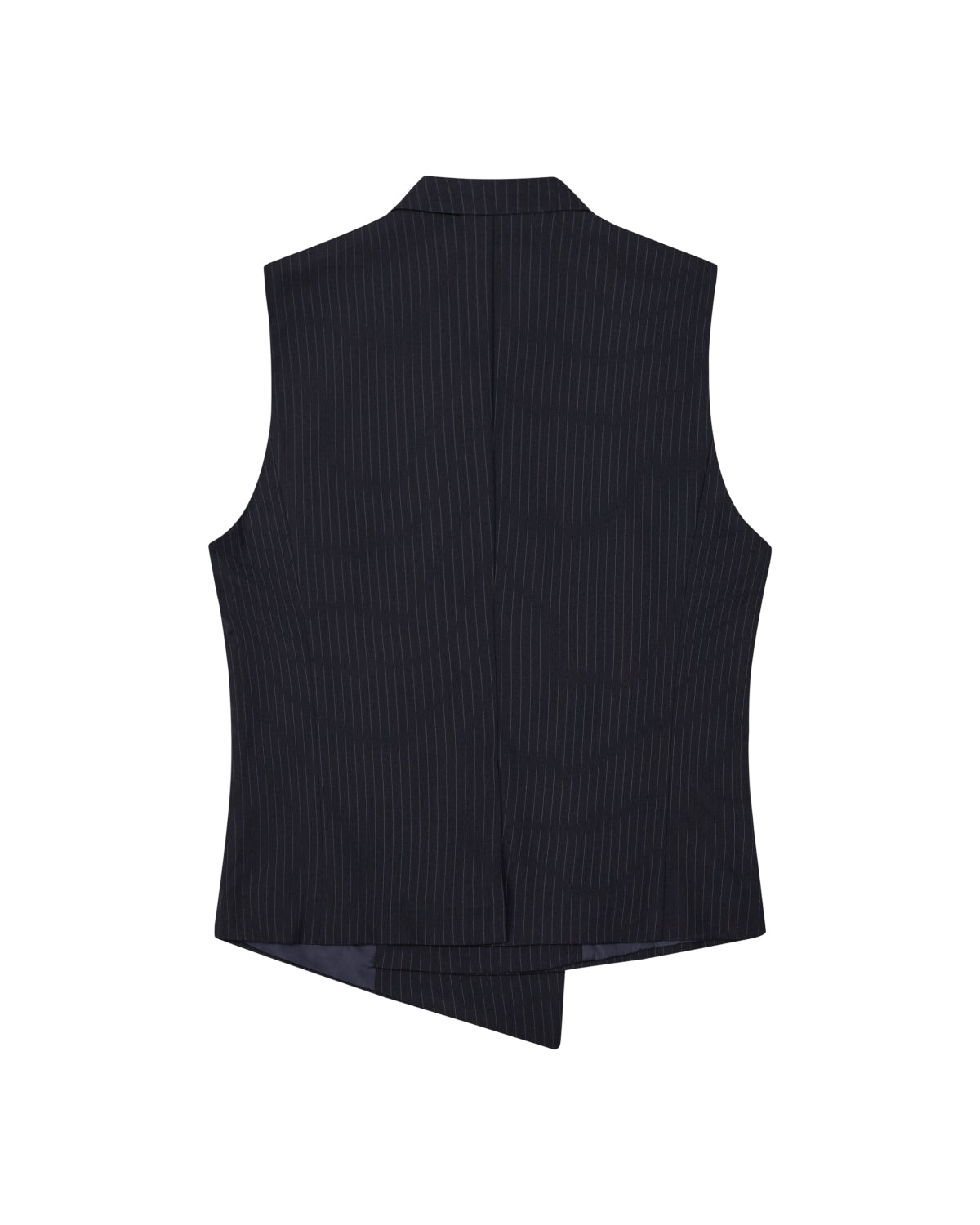 The SABRINA VEST by Sundae School is displayed from the back against a white background, showcasing its black pinstripe rayon blend fabric, pointed asymmetrical hem, and a clean design with no visible buttons or fastenings.