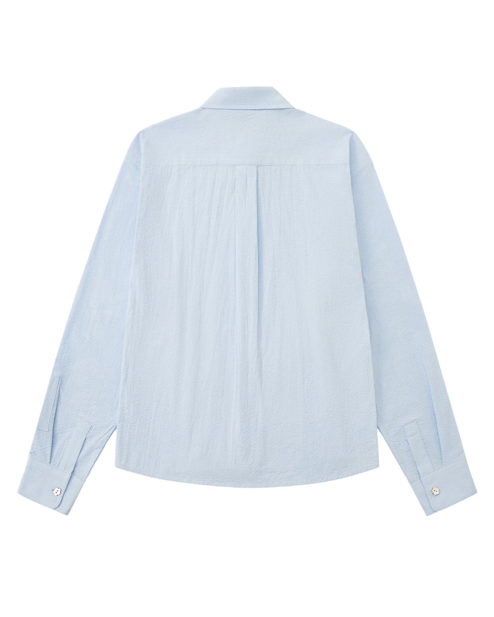 A back flat-lay view of a light blue long-sleeve shirt laid flat against a white background, showing a clean shoulder yoke, a central back box pleat, and buttoned cuffs.