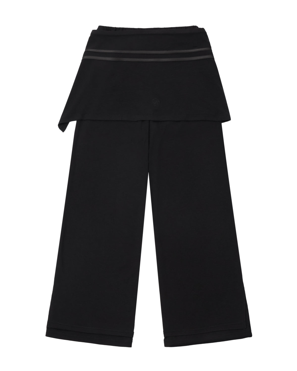 BLACK SEONGSU APRON PANTS are black wide-leg trousers featuring an adjustable, apron-style waistband with layered trim and a hybrid wrap skirt silhouette.