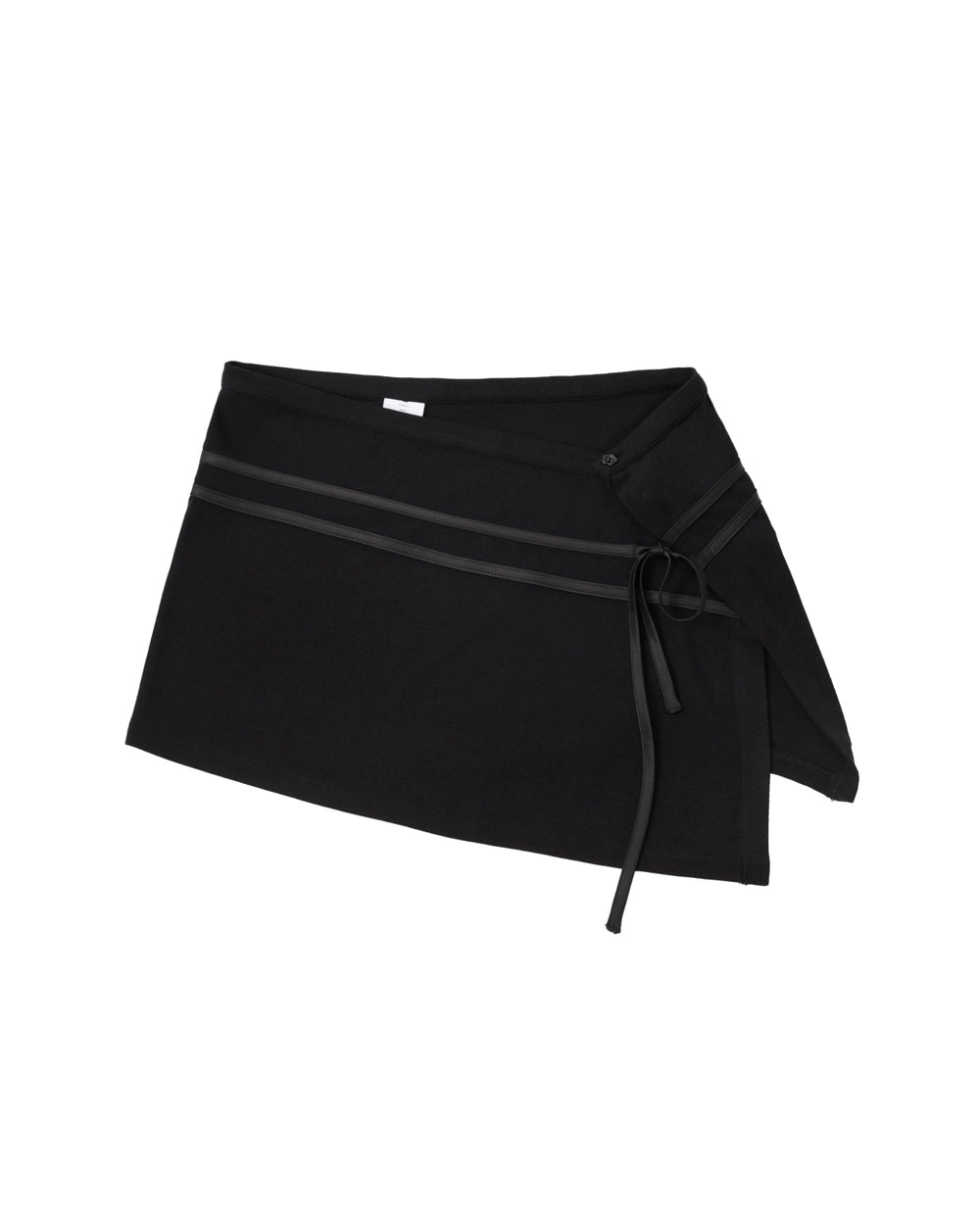 BLACK SEONGSU APRON PANTS, a black hybrid wrap skirt featuring an adjustable waistband, button closure, and thin waist ties.