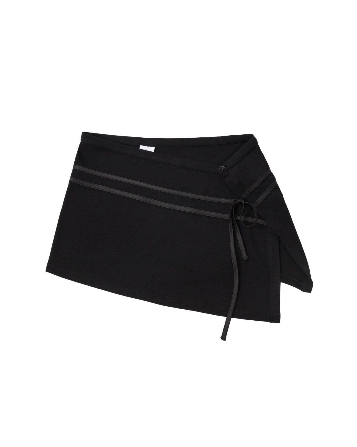 BLACK SEONGSU APRON PANTS, a black hybrid wrap skirt featuring an adjustable waistband, button closure, and thin waist ties.