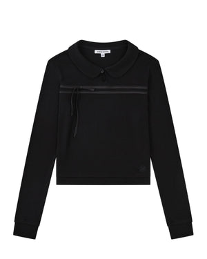 BLACK SEONGSU KEYHOLE TOP: a black long-sleeved blouse with a rounded collar, a keyhole neckline, a horizontal ribbon detail across the chest, and a side tie.