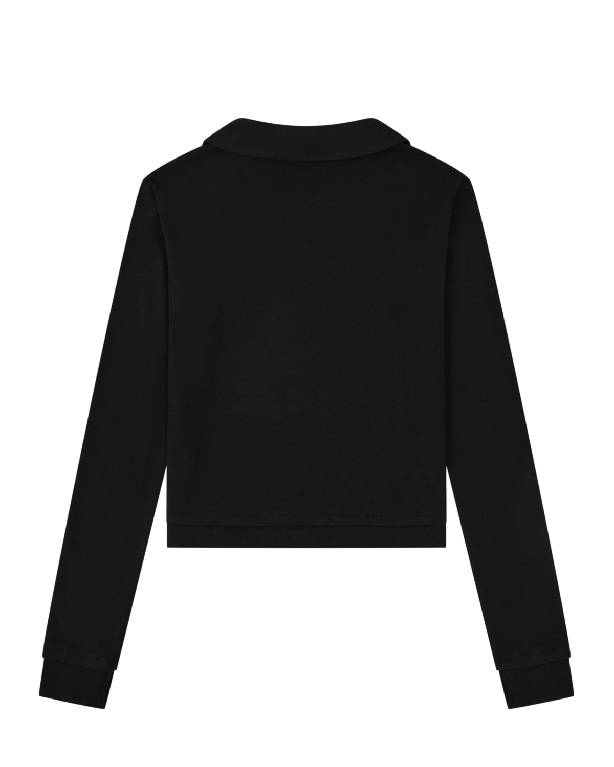 Back view of the BLACK SEONGSU KEYHOLE TOP, a black long-sleeved top with a rounded collar and satin ties.