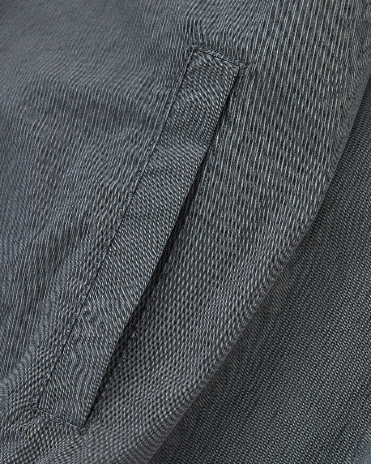 Close-up of the Sundae School CHARCOAL SHAWL COLLAR ANORAK, featuring a tailored shawl collar and a precisely stitched slanted welt pocket for a sophisticated touch.