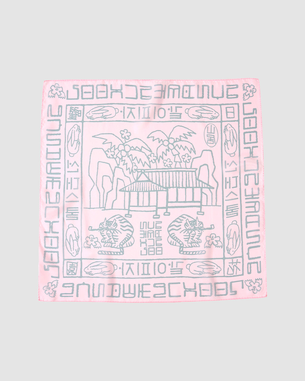 The Sundae School PINK SILK BANDANA showcases a blue line art of a traditional Korean pavilion, trees, rocks, and geometric patterns, framed by stylized Hunminjeongeum-inspired text and symbols.