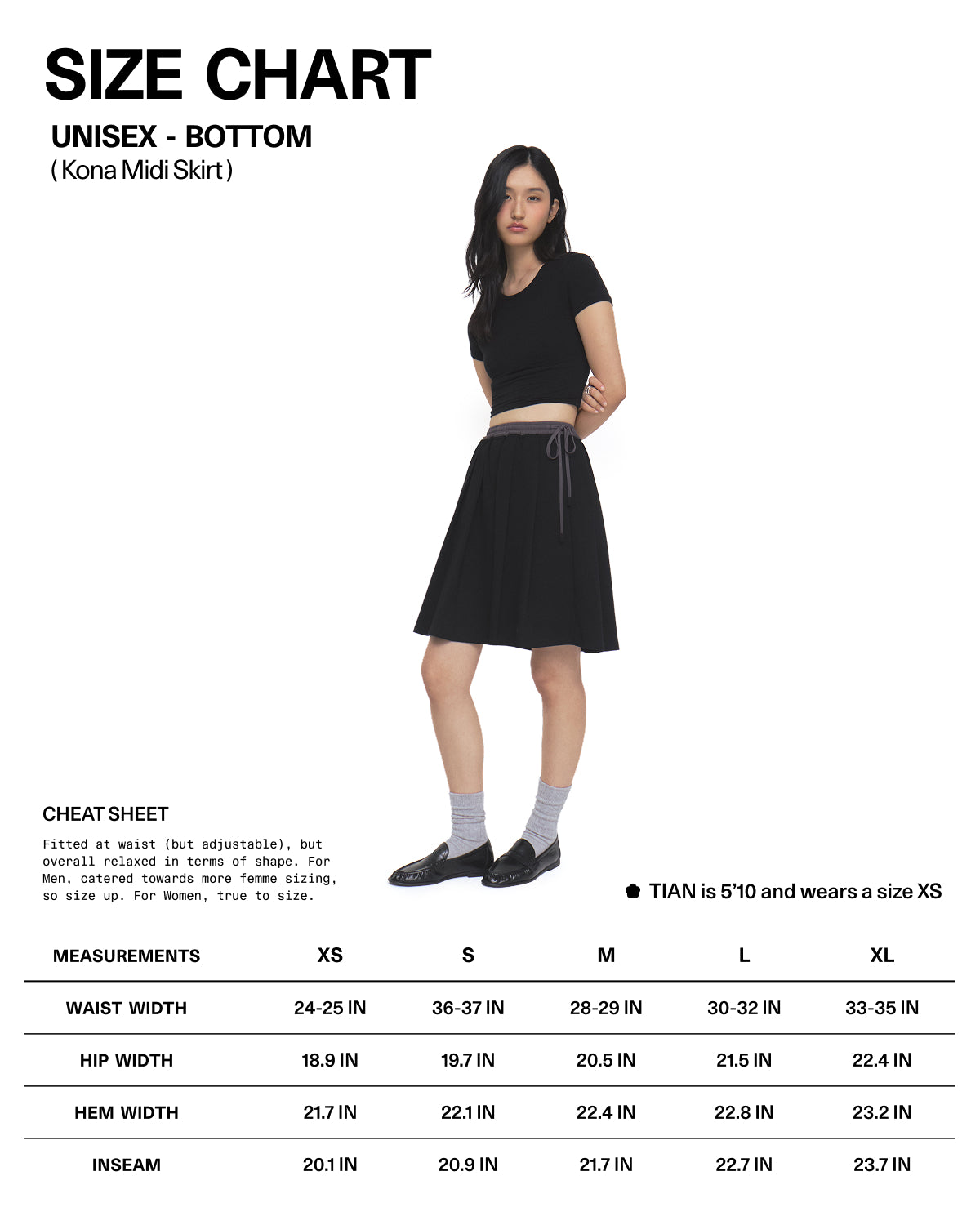 A woman wearing a BLACK KONA MIDI SKIRT and black crop top stands next to a unisex bottom size chart for the Sundae School BLACK KONA MIDI SKIRT, displaying measurements from XS to XL along with model details.