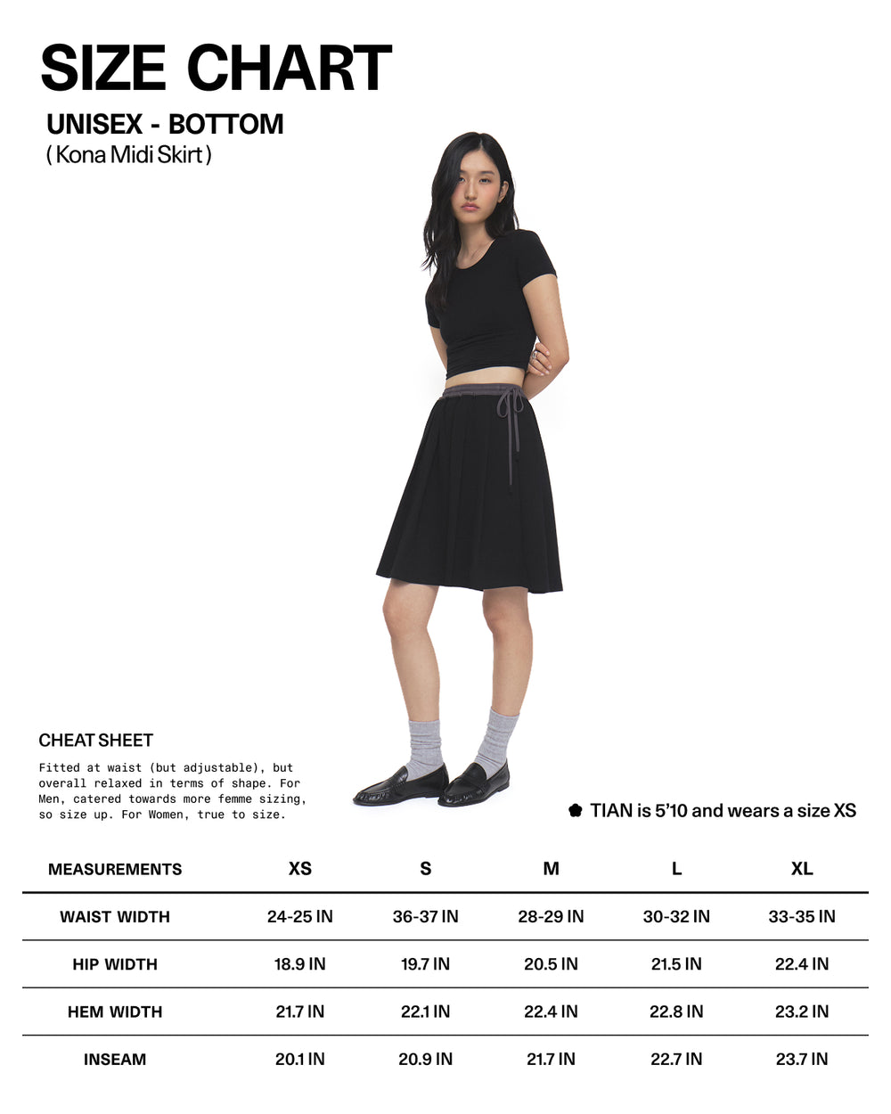 A woman wearing a BLACK KONA MIDI SKIRT and black crop top stands next to a unisex bottom size chart for the Sundae School BLACK KONA MIDI SKIRT, displaying measurements from XS to XL along with model details.