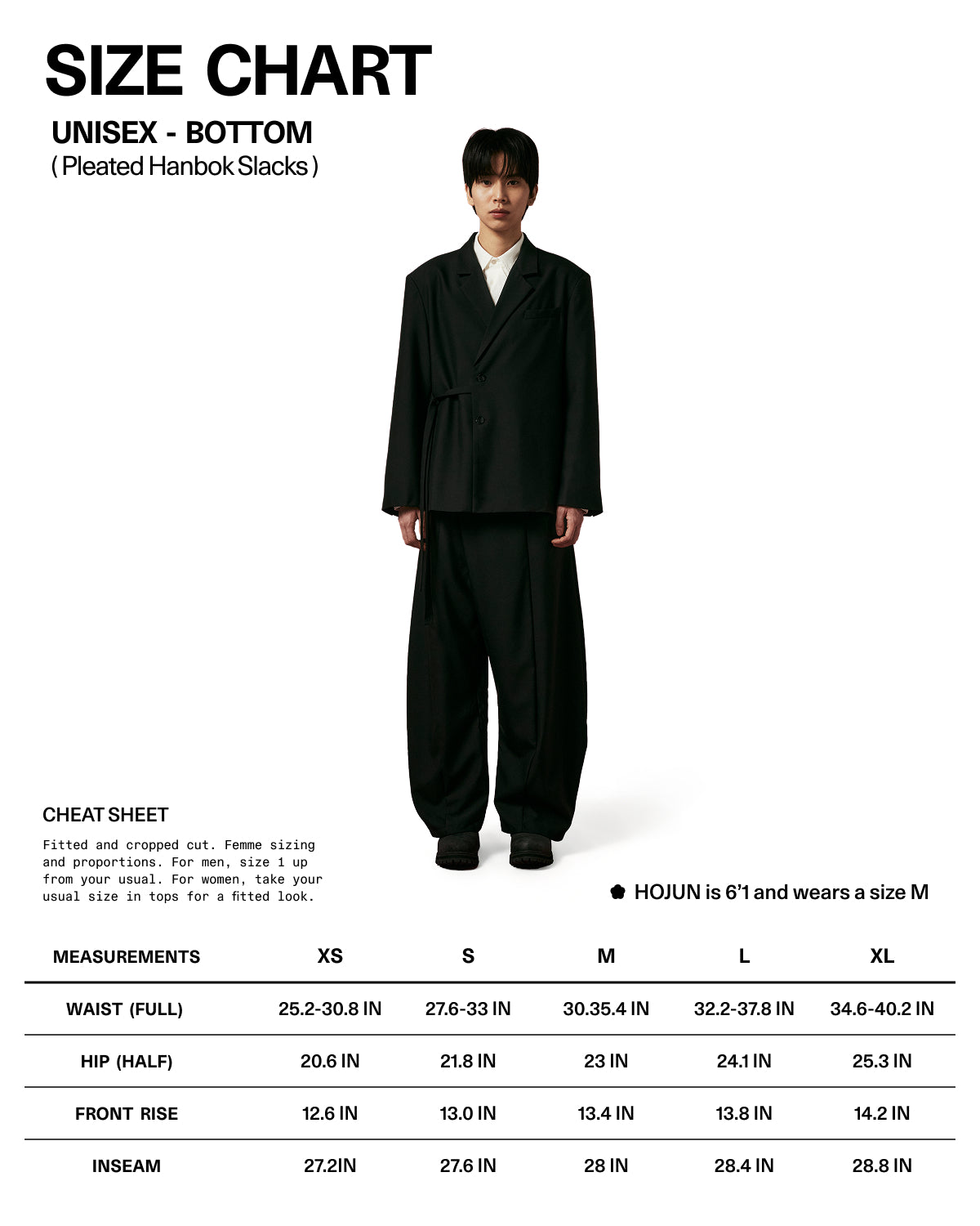 Size chart graphic for Unisex Pleated Hanbok Slacks. Features model Hojun (6'1