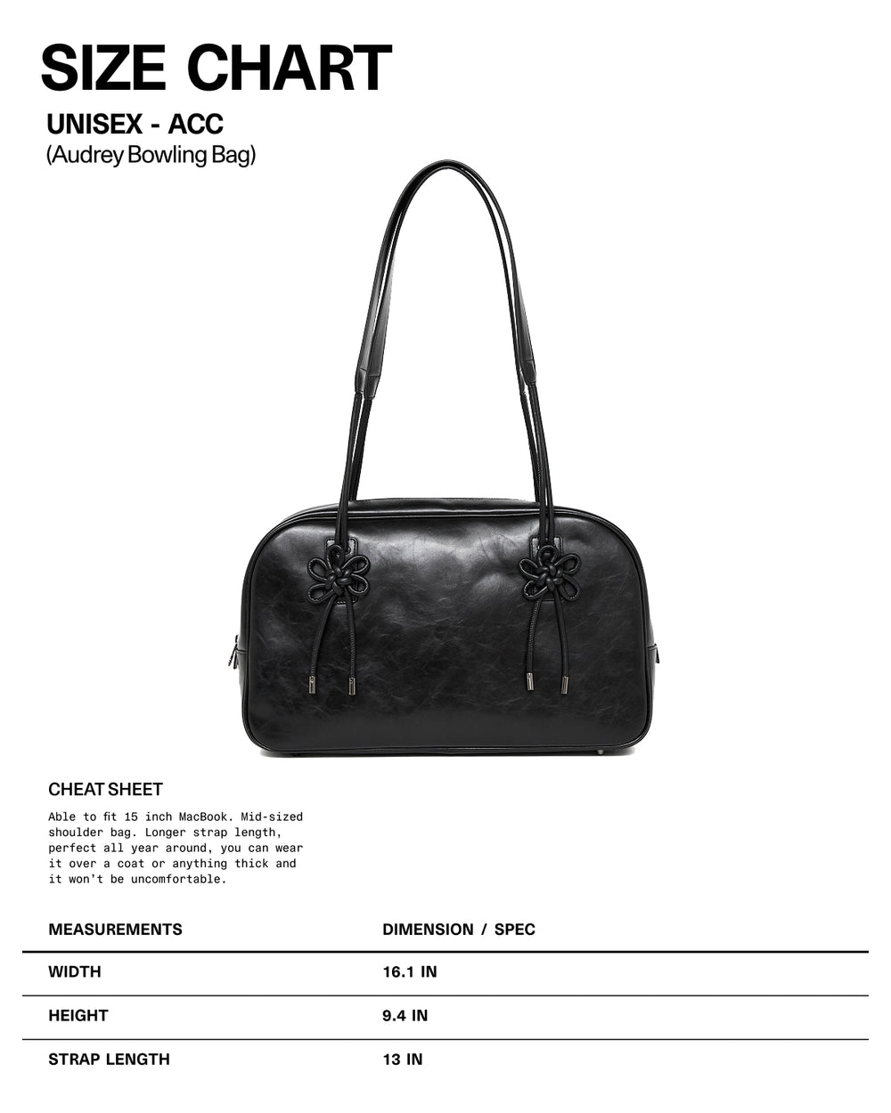 BLACK AUDREY BOWLING BAG by Sundae School—black leather shoulder bag with dual handles and flower-shaped accents, shown above a size chart detailing the bag’s dimensions and features (height, width, strap length, strap intervals), on a white background.