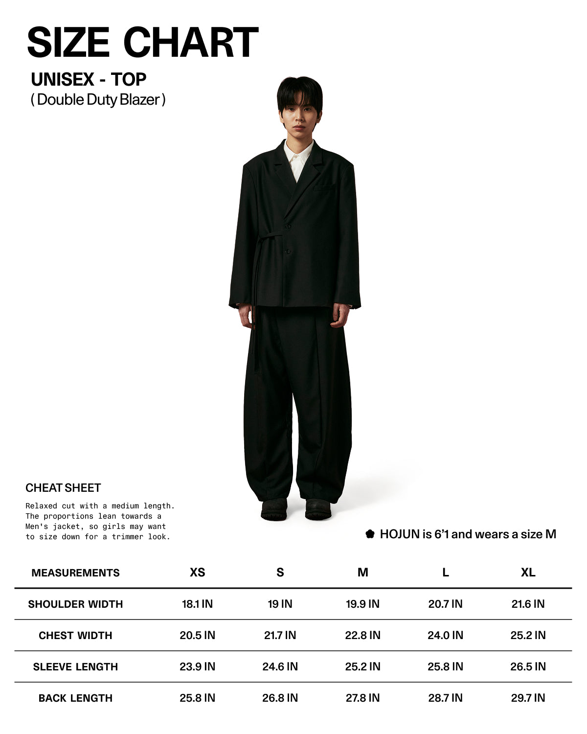 Size chart graphic for the Unisex Double Duty Blazer. Features model Hojun (6'1" wearing size M) in a black blazer suit set. Includes a "Cheat Sheet" noting a relaxed medium-length cut leaning toward men's jacket proportions (women may want to size down for a trimmer look). Displays a measurement table in inches across sizes XS to XL for Shoulder Width, Chest Width, Sleeve Length, and Back Length.