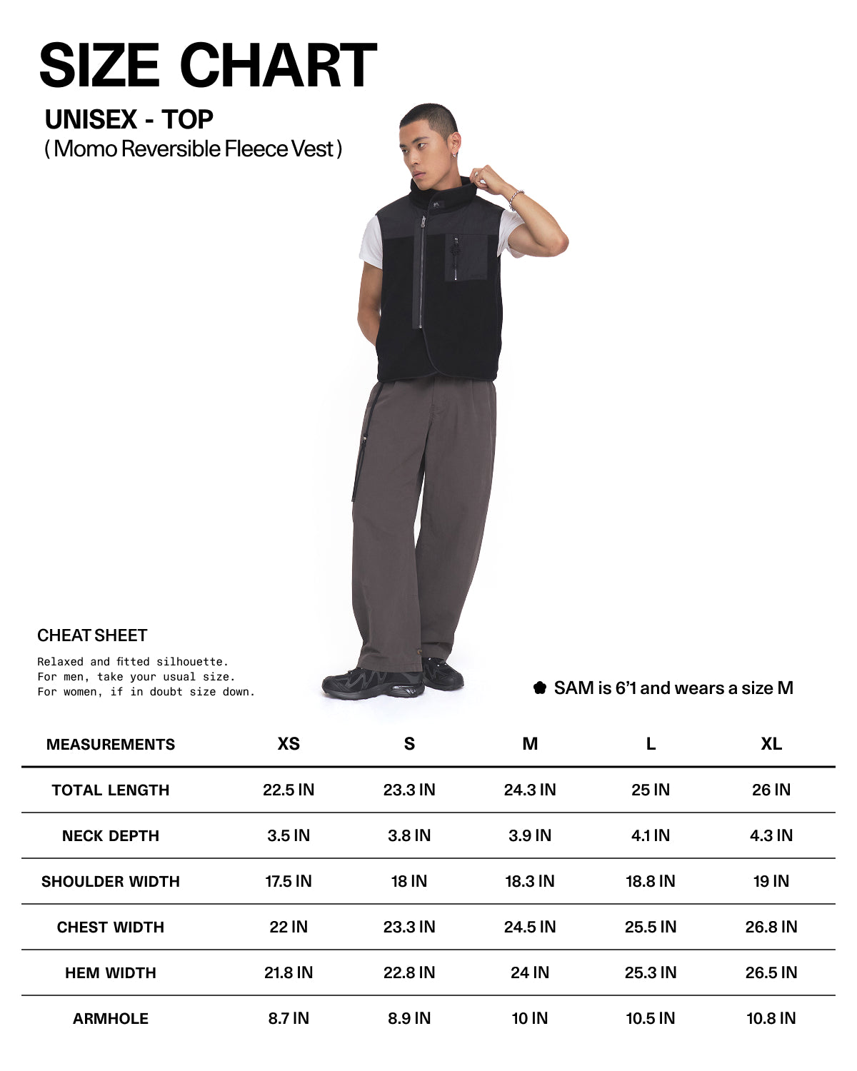 A model wears the BLACK MOMO REVERSIBLE FLEECE VEST by Sundae School in black, paired with brown pants. Next to him is a unisex size chart for the vest, displaying XS to XL measurements in inches for various body parts.