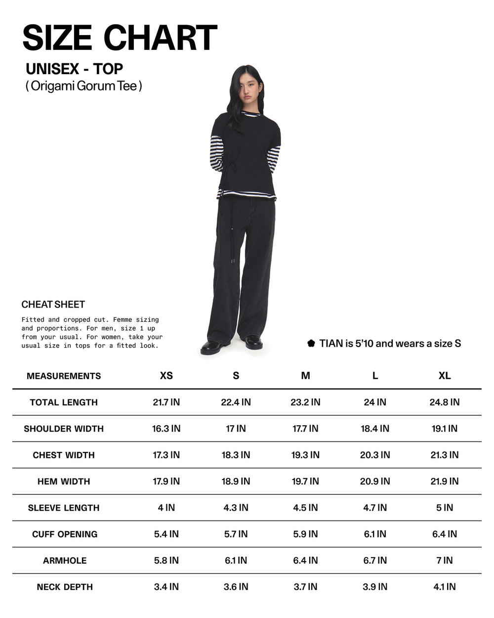 Size chart for the unisex Sundae School BLACK ORIGAMI GORUM TEE with measurements for XS–XL in inches. Model TIAN, 5′10″, wears size S. Includes total length, shoulder width, hem width, sleeve length, cuff opening, and neck depth.