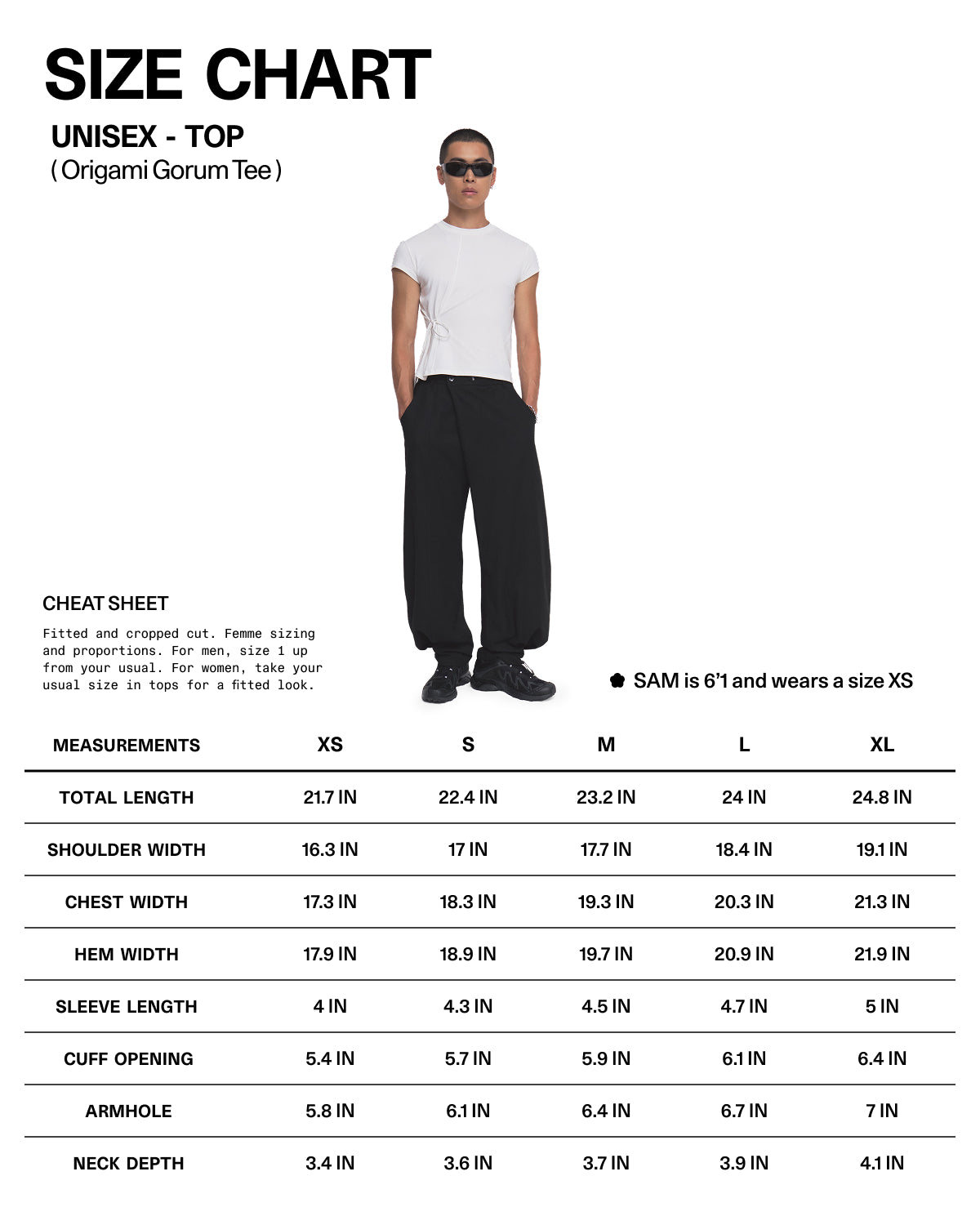 A model wearing the IVORY ORIGAMI GORUM TEE by Sundae School and black pants stands above a unisex size chart, which lists measurements for sizes XS to XXL.