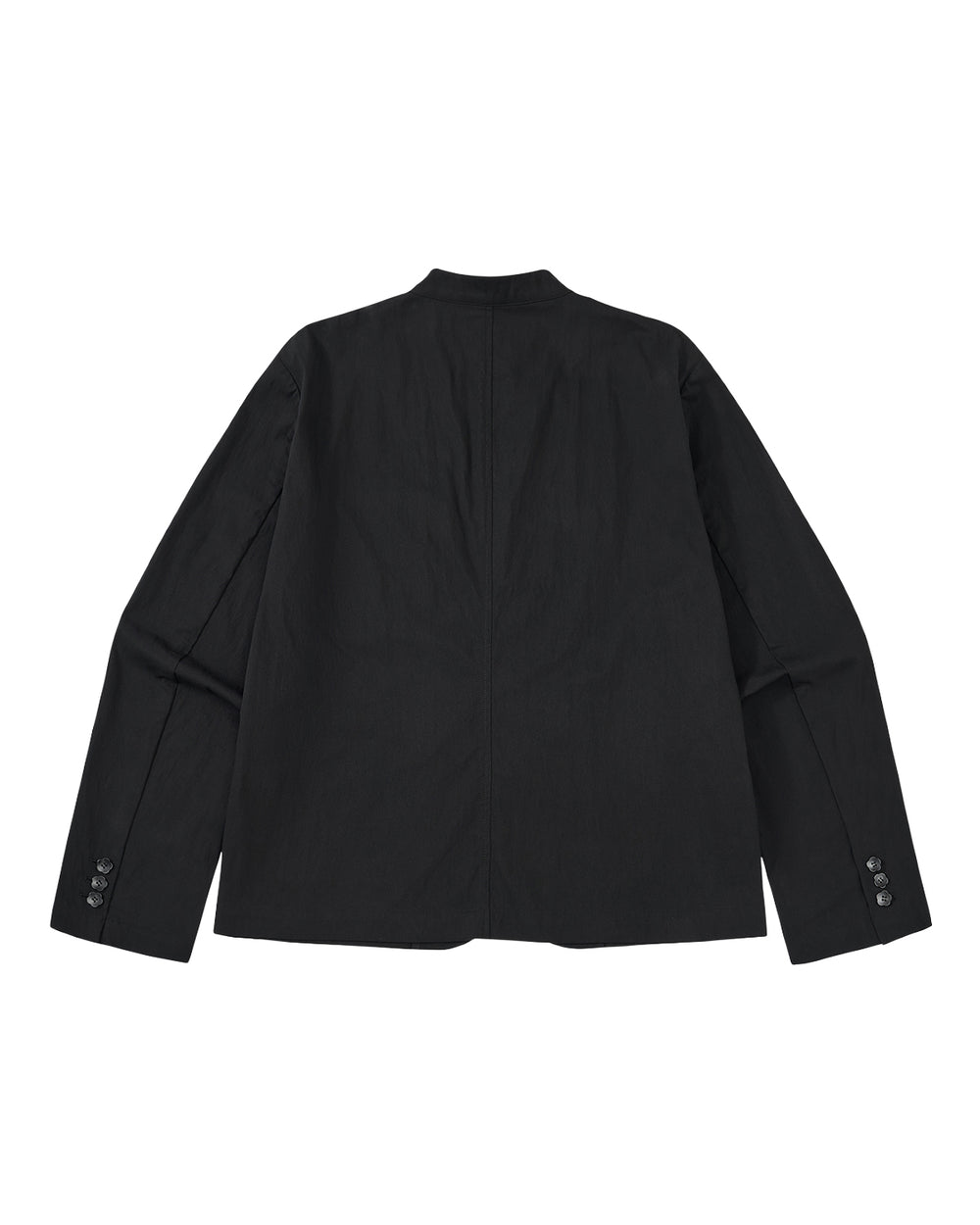 The BLACK STAND COLLAR UNIFORM JACKET by Sundae School is shown flat, back facing up, with long sleeves and buttoned cuffs on a light gray background. Crafted from a cotton nylon blend, it combines durability with style.