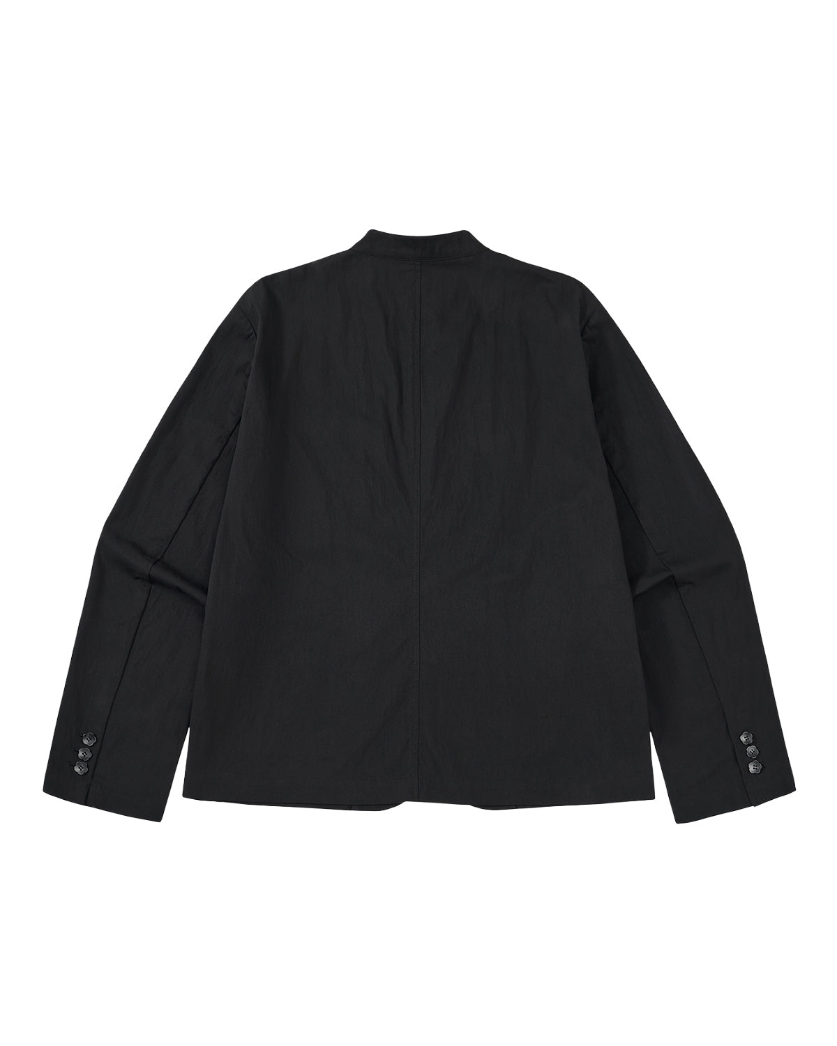 The BLACK STAND COLLAR UNIFORM JACKET by Sundae School is shown flat, back facing up, with long sleeves and buttoned cuffs on a light gray background. Crafted from a cotton nylon blend, it combines durability with style.