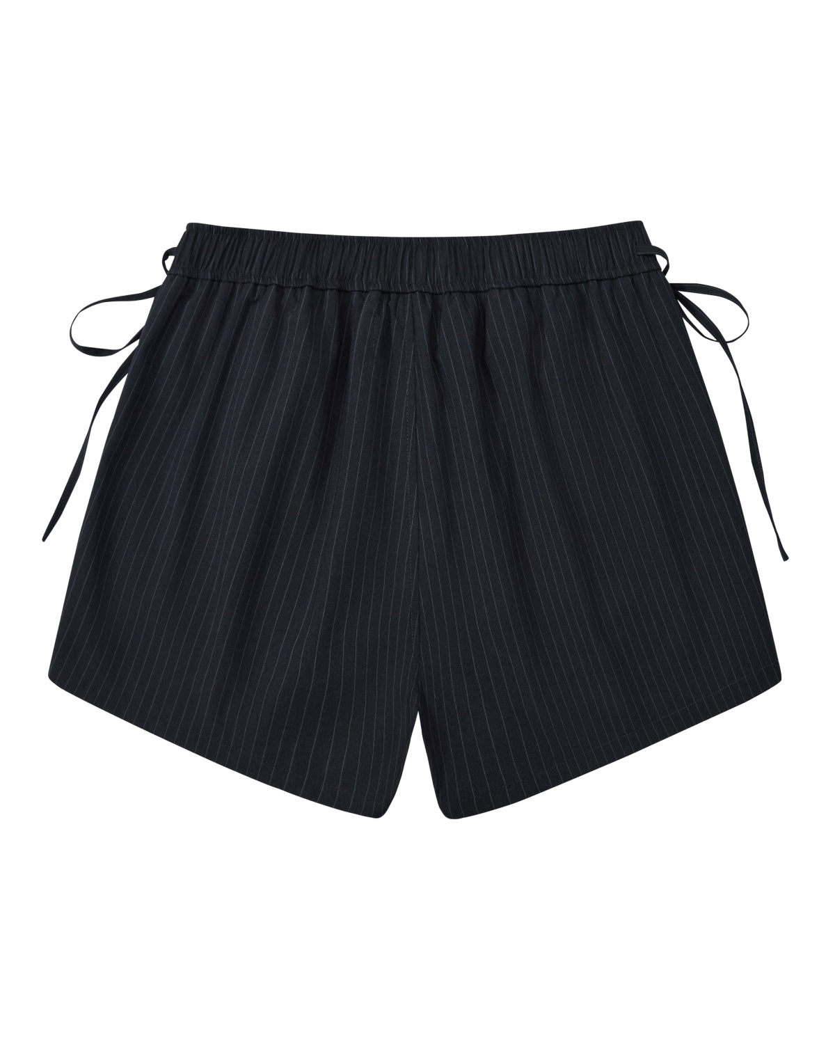 Sundae School STRIPED BOXER SHORTS in black pinstripe, made from a lightweight rayon blend, feature an elastic waistband with side ties and are shown laid flat on a white background. These stylish shorts are ideal for work-from-home comfort and versatility.