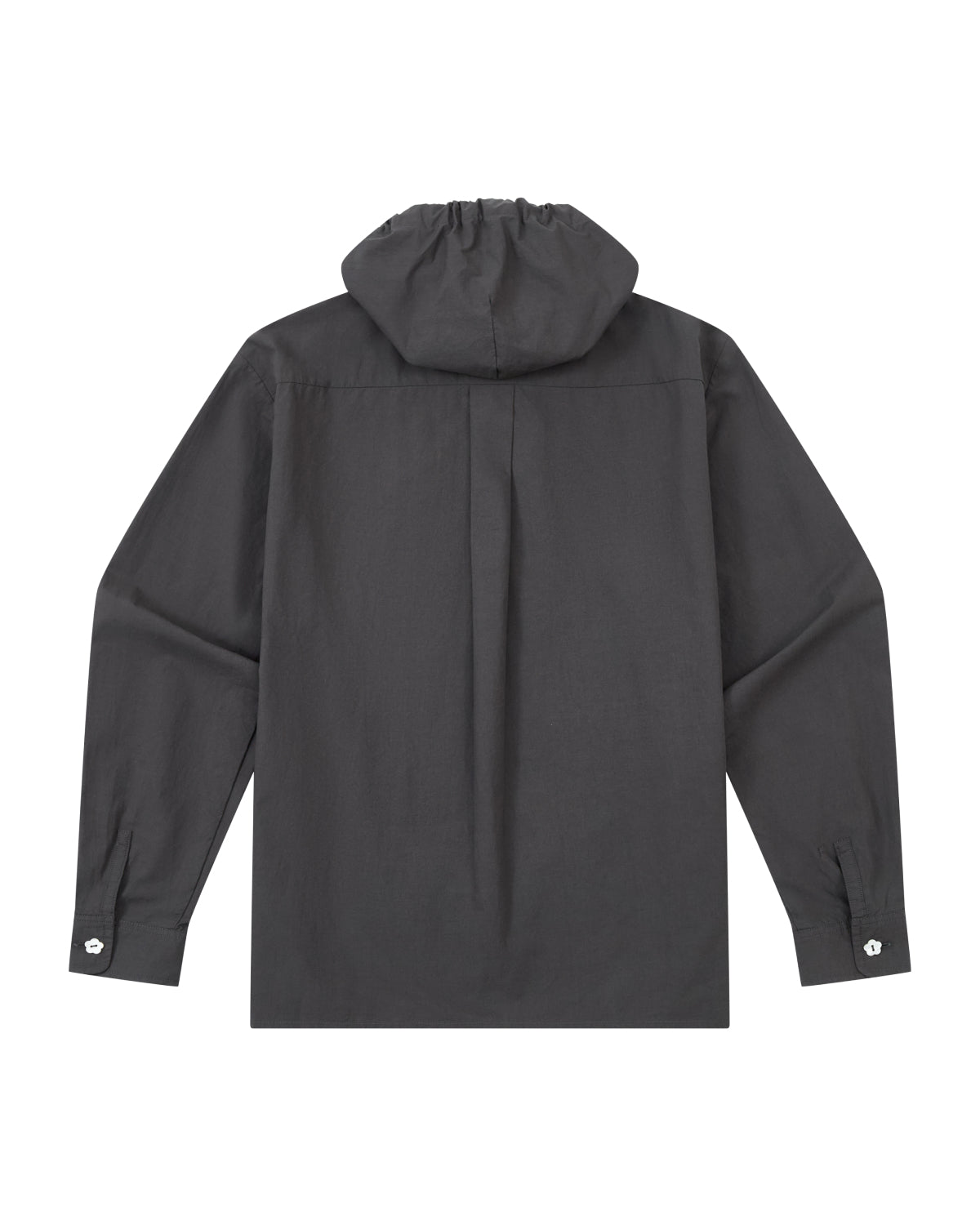 Back view of the CHARCOAL SUNBAE TIE SHIRT by Sundae School, a long-sleeved, dark gray hooded shirt with buttoned cuffs, displayed on a white background.