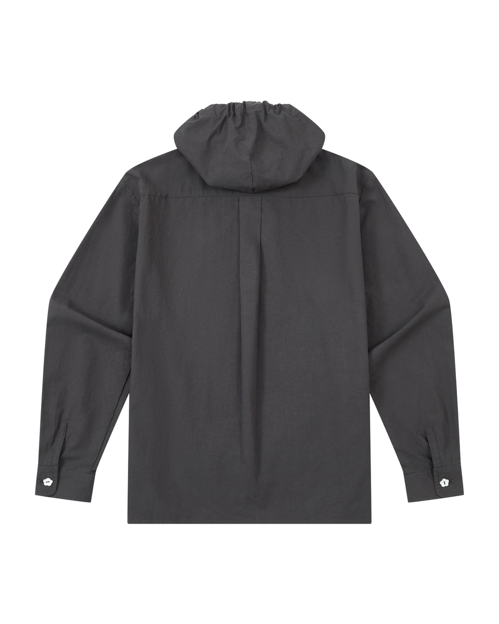 Back view of the CHARCOAL SUNBAE TIE SHIRT by Sundae School, a long-sleeved, dark gray hooded shirt with buttoned cuffs, displayed on a white background.
