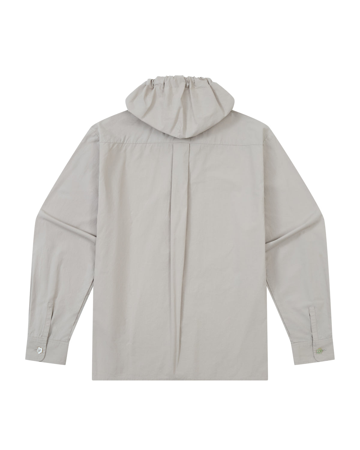 The GREY SUNBAE TIE SHIRT by Sundae School is a light gray, long-sleeve shirt with a hood, shown from the back. It features buttoned cuffs and a central pleat running down the middle of the back.
