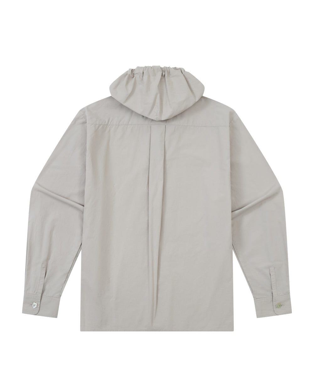 The GREY SUNBAE TIE SHIRT by Sundae School is a light gray, long-sleeve shirt with a hood, shown from the back. It features buttoned cuffs and a central pleat running down the middle of the back.