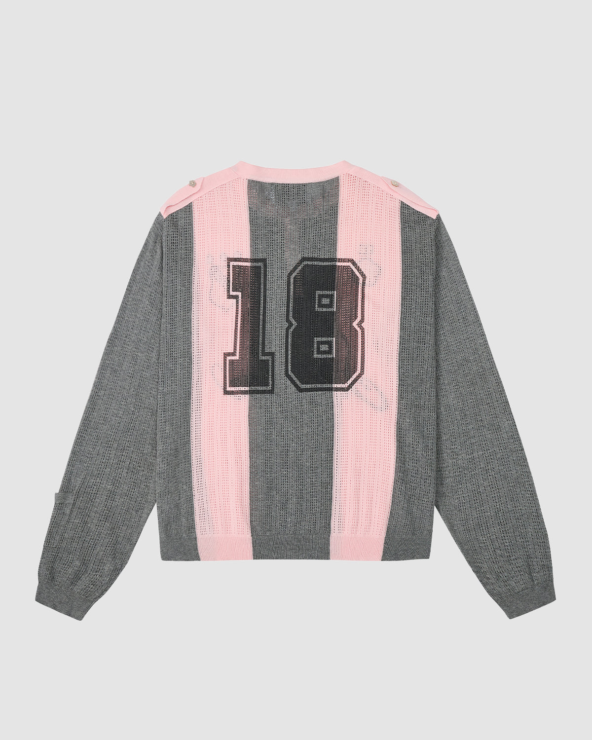 The PINK SUNDAE SOCCER JERSEY by Sundae School is a gray, 100% cotton lightweight knit with vertical pink stripes, long sleeves, shoulder button details, and a large black number 18 on the back. Displayed on a light background.