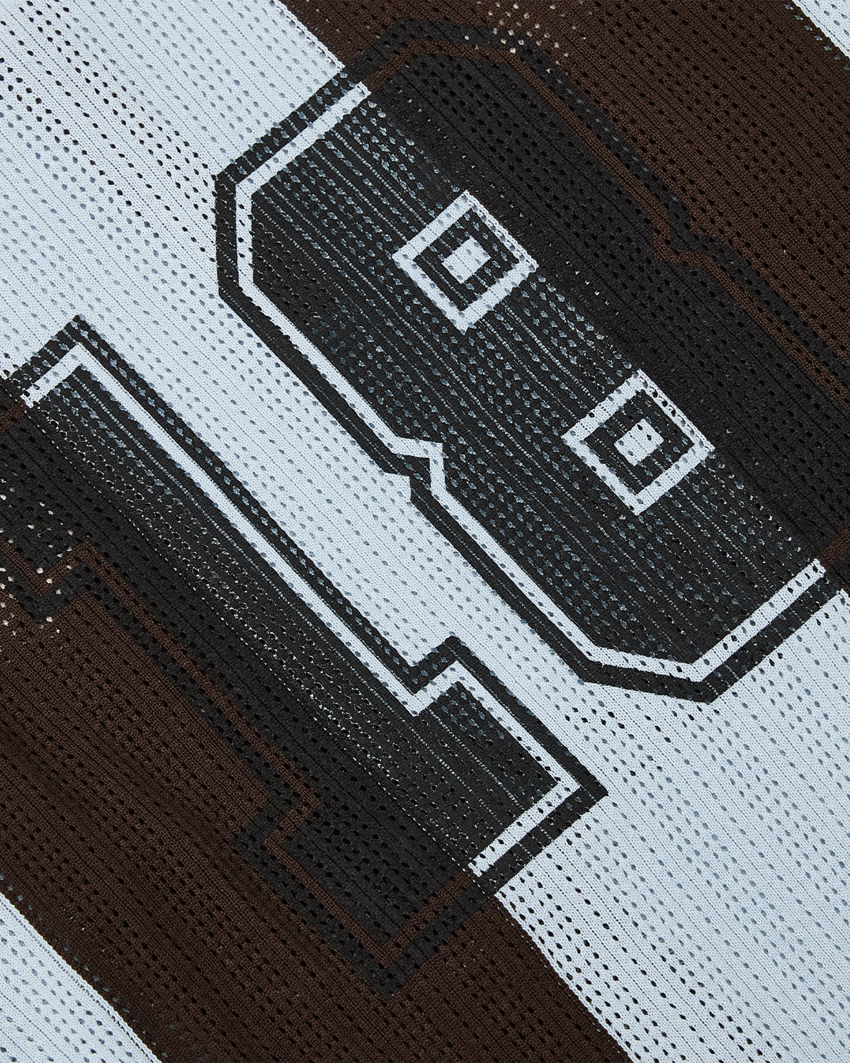 Close-up of the SKY BLUE SUNDAE SOCCER JERSEY by Sundae School, showing mesh fabric with vertical brown and white stripes, 