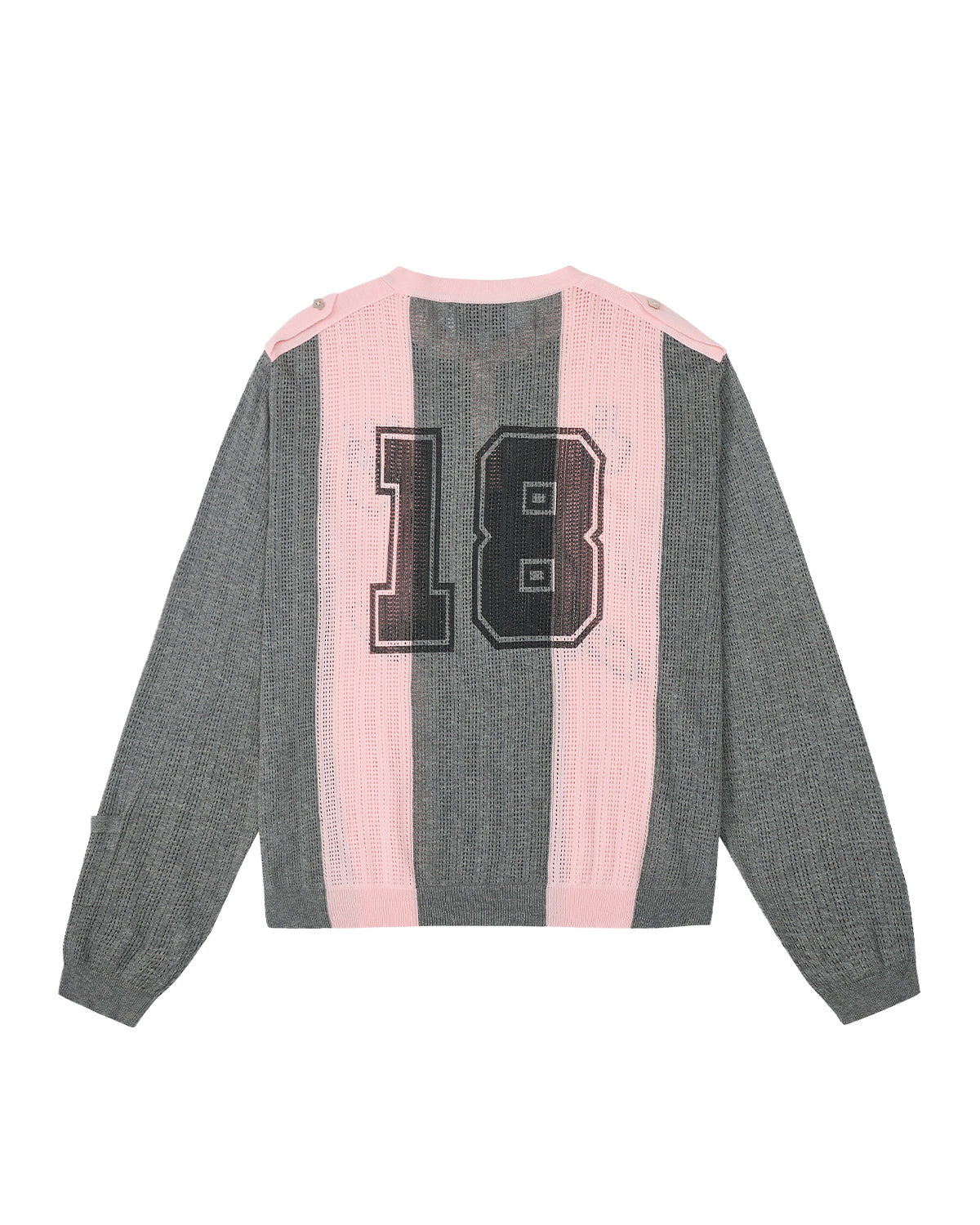 Introducing the PINK SUNDAE SOCCER JERSEY by Sundae School—a lightweight, long-sleeve top in gray and pink with vertical stripes. Crafted from 100% cotton perforated knit for breathability and comfort, this jersey features black and white number 18 lettering on the back along with custom embroidered chest patches for a distinctive finish.