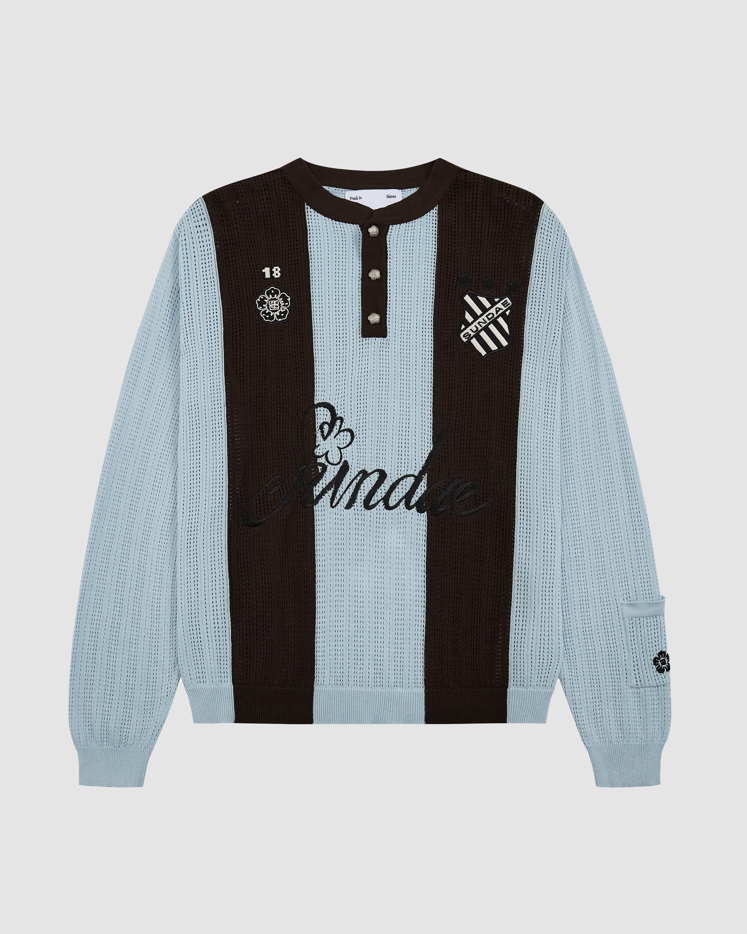 Baby Blue Brown Sundae Soccer Jersey Knit flat lay featuring vertical stripes in light blue and brown ribbed knit construction, henley-style button placket with white snap buttons, 