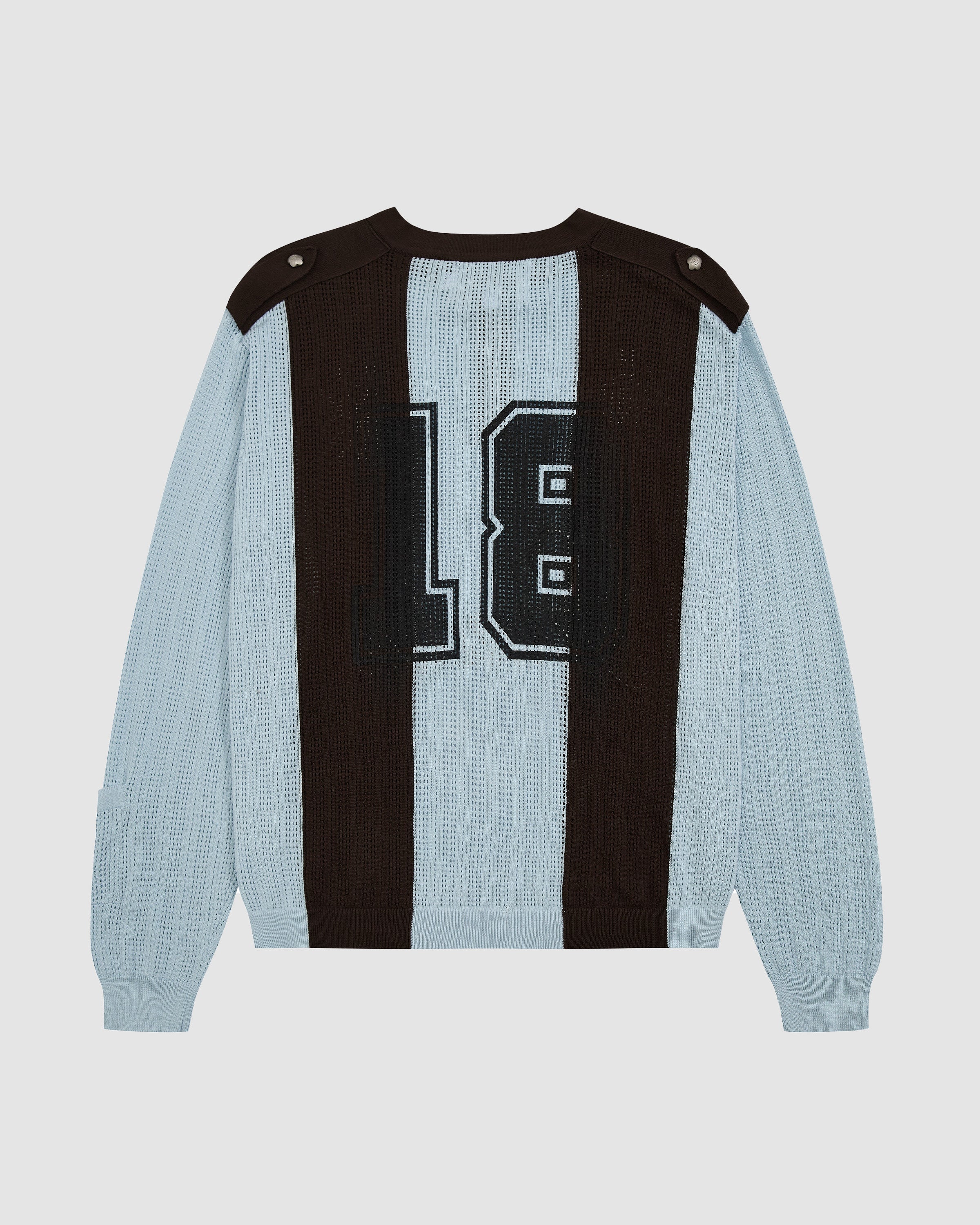 Back view flat lay of Baby Blue Brown Sundae Soccer Jersey Knit showing large 