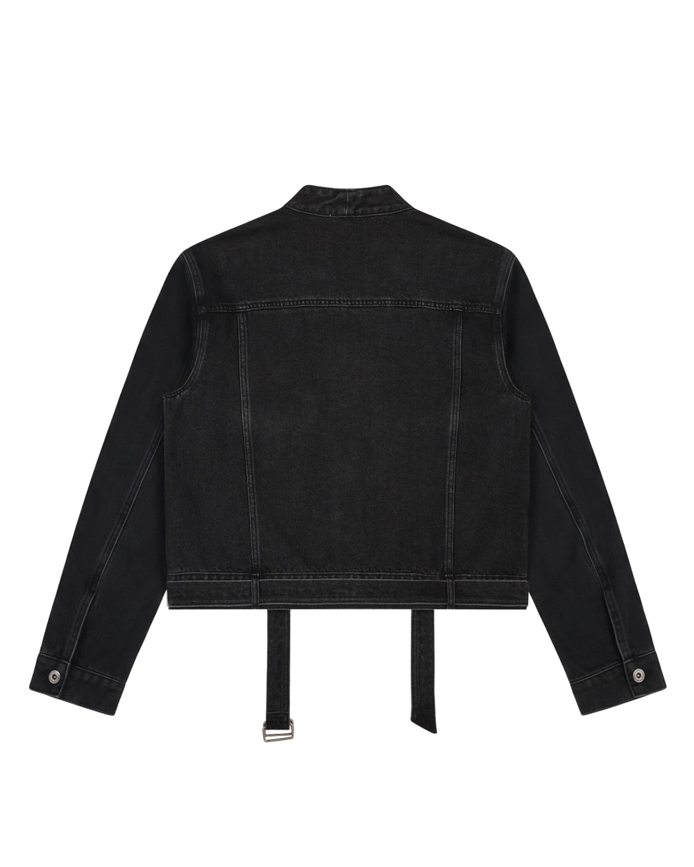 The BLACK WIDOW TAEKWONDO DENIM JACKET by Sundae School is displayed from the back, showcasing long sleeves, a classic collar, visible seam detailing, buttoned cuffs, and two adjustable straps that hang at the waist—a stylish take on the Korean Canadian tuxedo trend.