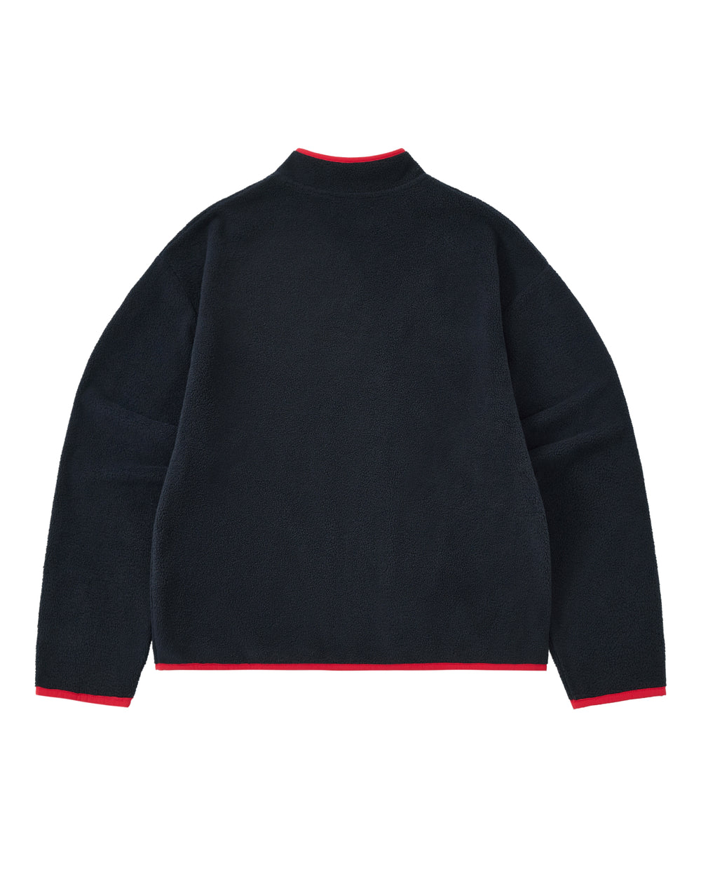 A navy long-sleeve cozy fleece jacket from Sundae School shown from the back, featuring teardrop knot details and red trim on the collar, cuffs, and hem.